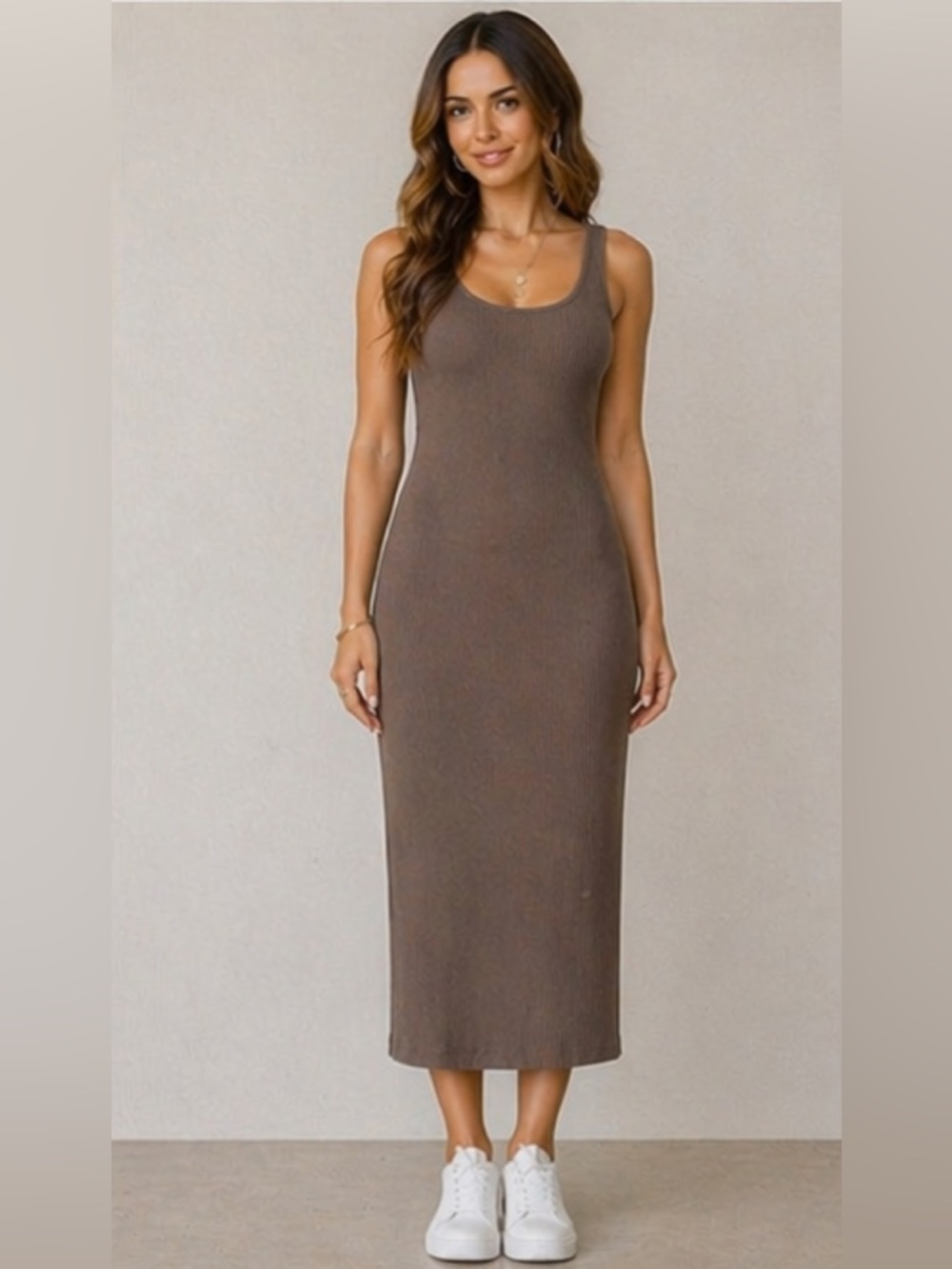 H&M Ribbed Sleeveless Maxi Dress in Taupe
